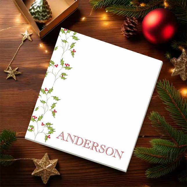 Bloc-note Pad à note Holly (Christmas greenery personalized Holiday notepad)