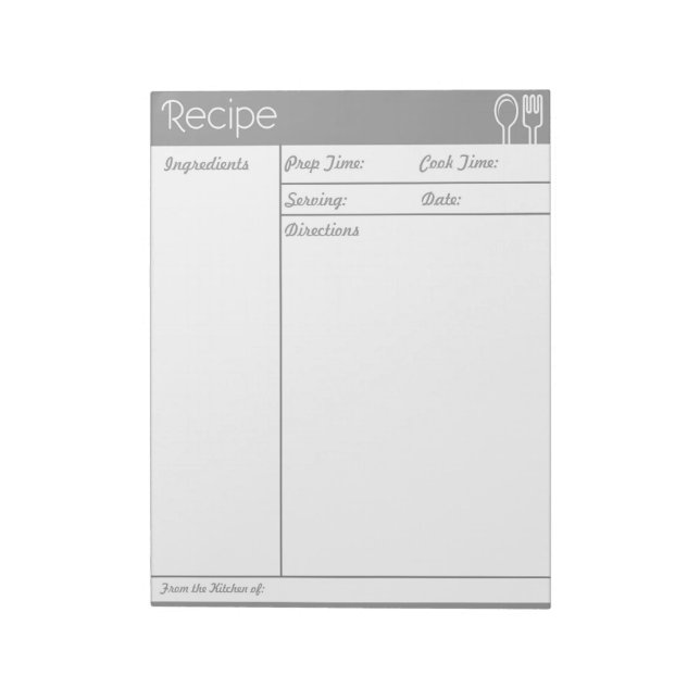 Bloc-note Page Recette grise sans ligne simple (Tourné)
