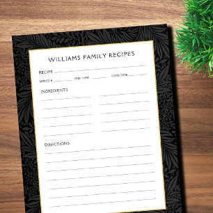 Bloc-note Page Recette Nom de famille Floral noir vintage