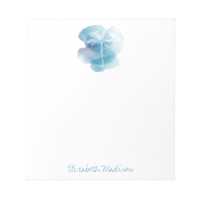 Bloc-note Palmier blanc sur aquarelle bleue personnalisée (Devant)