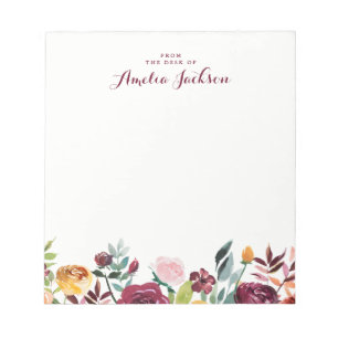 Bloc-note Papeterie personnalisée avec fleurs burgundy à l'a