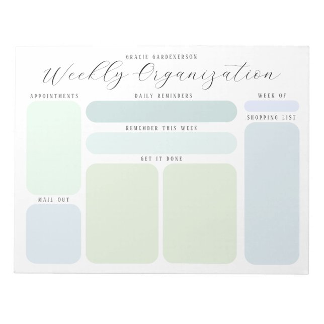 Bloc-note Pastel Blues and Greens Custom Weekly Organisation (Devant)