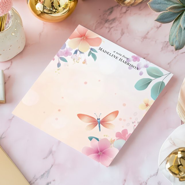 Bloc-note Pastel Dragonfly Floral Garden Nom personnalisé (Créateur téléchargé)