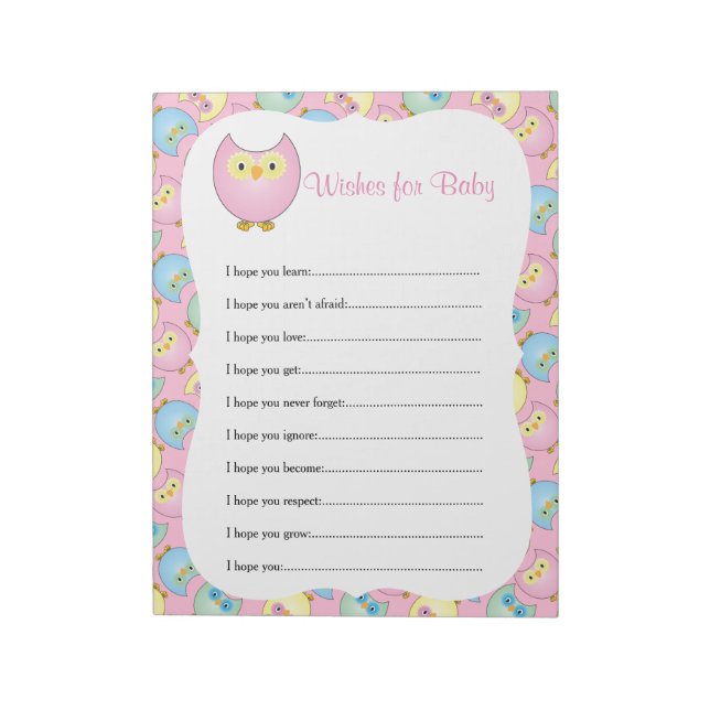 Bloc-note Pastel Pink Cute Owl Thème Baby shower - Voeux (Tourné)
