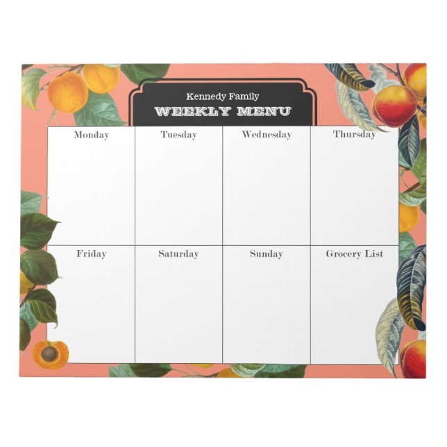 Bloc-note Peach Weekly Menu Meal Planner (Devant)