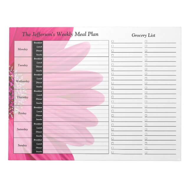 Bloc-note Pink Gerber Daisy Weekly Personnalisé Meal Planner (Devant)