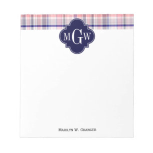 Bloc-note Pink Navy White Preppy Madras Quatrefoil