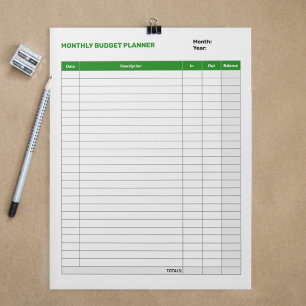Bloc-note Planificateur budgétaire mensuel simple vert