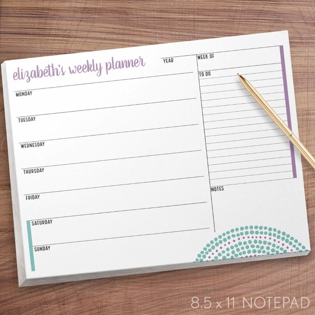 Bloc-note Planificateur hebdomadaire avec nom personnalisé e (Weekly Planner Notepad - Personalized)