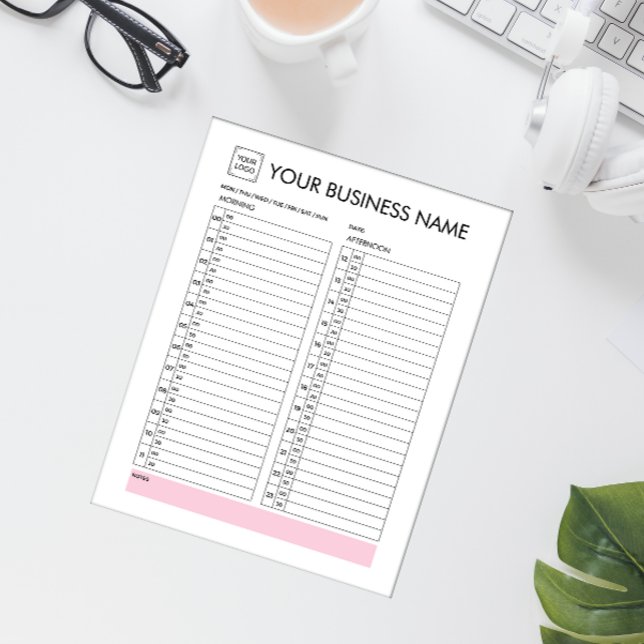 BLOC-NOTE PLANIFICATEUR QUOTIDIEN 30 MINUTES INTERVALLE AJOU (Pink white black daily planner with your logo and 30 minutes time slots)