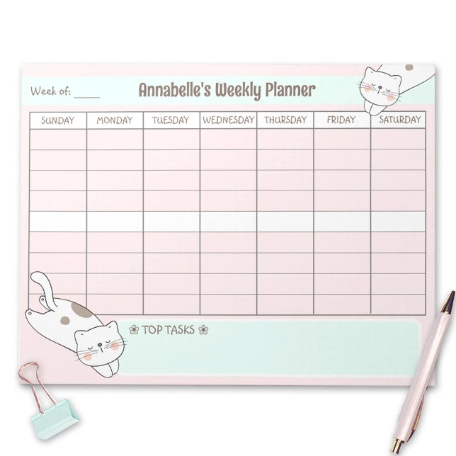 Bloc-note Planner hebdomadaire Cute Chat Rose Bleu Nom Tear  (Weekly Planner Cute Cat Pink Blue Name Tear Away Notepad)