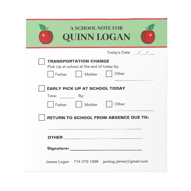 Bloc-note Plaque de notes scolaires pour Quinn Logan (Devant)