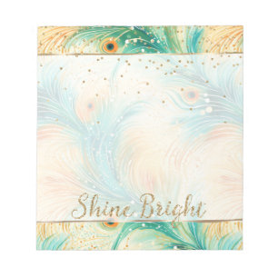 Bloc-note Plumes de paillettes de paon sarcelle orange crème
