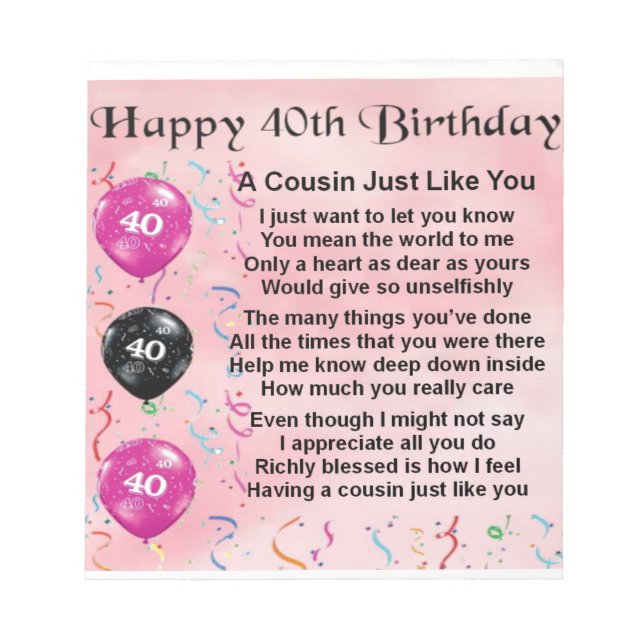 Bloc-note Poème Cousin - rose - 40e anniversaire (Devant)