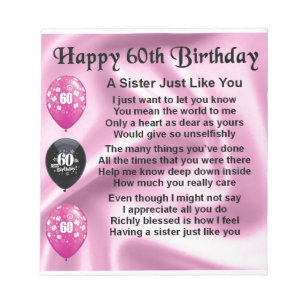 Bloc-note Poème de soeur - soixantième anniversaire