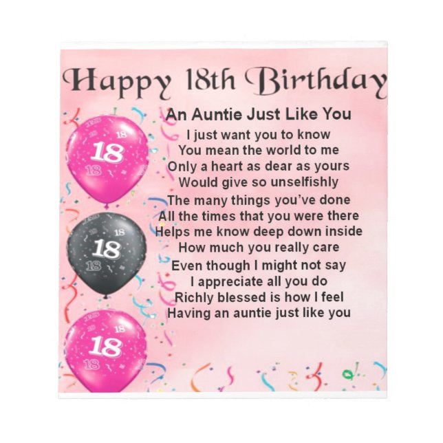 Bloc-note Poème de Tante 18e anniversaire (Devant)