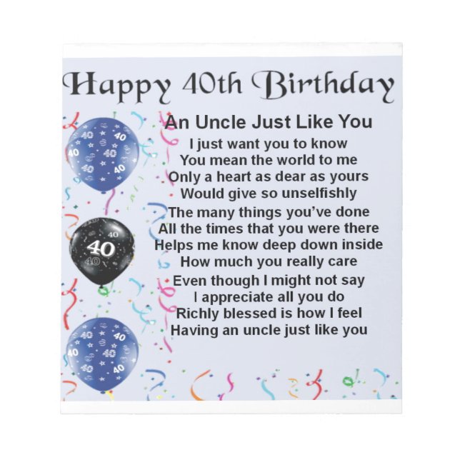 Bloc-note Poème Oncle - 40ème anniversaire (Devant)