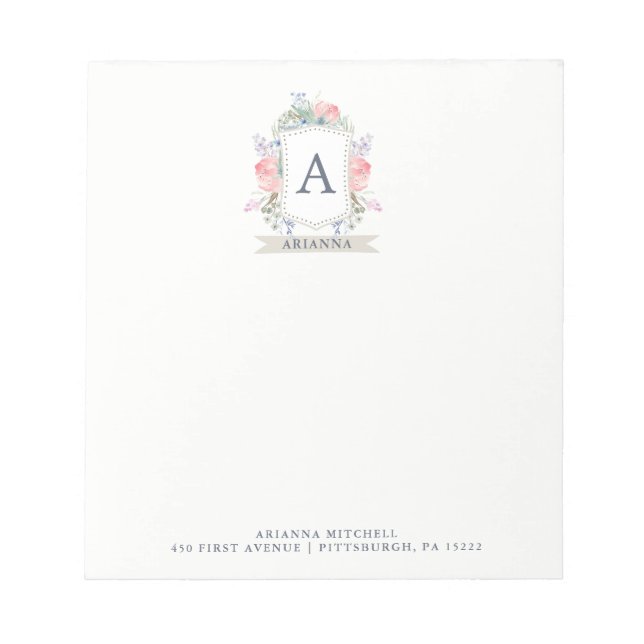 Bloc-note Poitrine d'aquarelle florale avec monogramme (Devant)