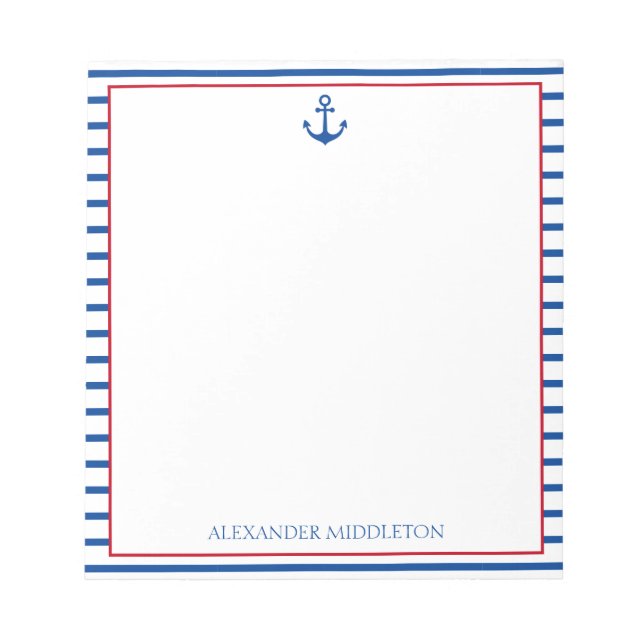 Bloc-note Preppy Nautical Stripes et Ancre Personnalisé (Devant)