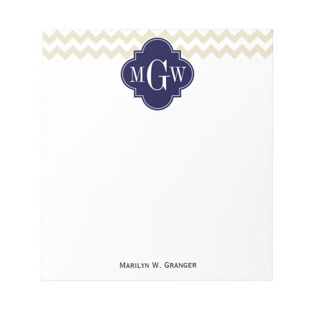 Bloc-note Quatrefoil de la marine Beige Blanc Chevron 3 Mono (Devant)