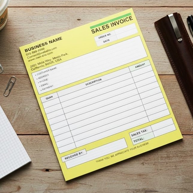 Bloc-note Reçus de facture de vente personnalisés, nom de so (yellow company name pad)