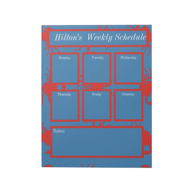 Bloc-note Red crabs on blue weekly schedule notes (Tourné)