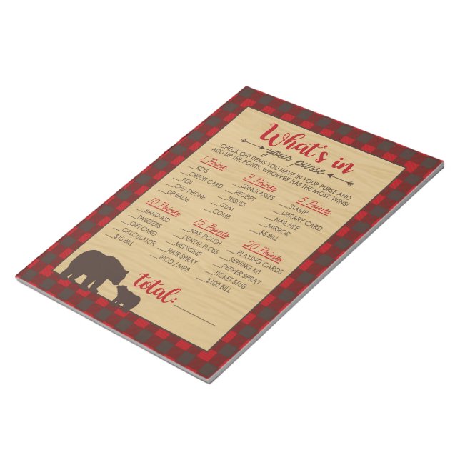 Bloc-note Red Flannel What's In Your Purse Baby shower Jeu (Incliné)
