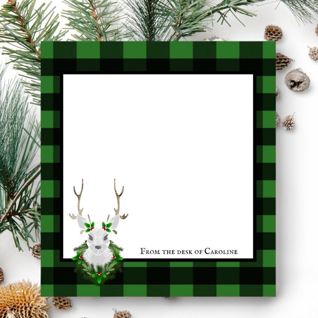 Bloc-note Renne festive plaid de buffle Personnalisé (Black and Green Festive Reindeer Buffalo Plaid Personalized Notepad)