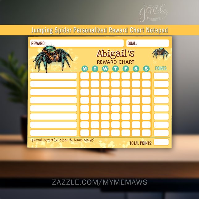 Bloc-note Reward Chart Jumping Spider Personalized Chores (This playful jumping spider reward chart notepad helps kids stay motivated and on task.)