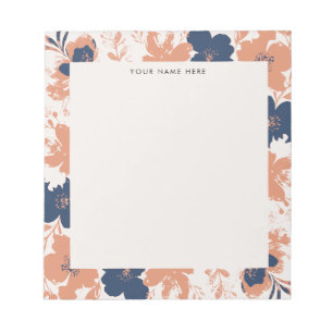 Bloc-note Rose Poussiéreux et Floral Bleu avec Nom