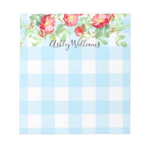 Bloc-note Rose rouge Floral Bleu Buffalo Plaid Script Monogr