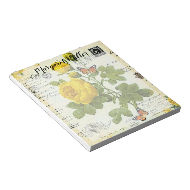 Bloc-note Roses et papillons jaunes personnalisés (Incliné)