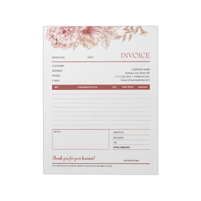 Bloc-note Rouge Flower Line Art Petites entreprises Formulai (Tourné)