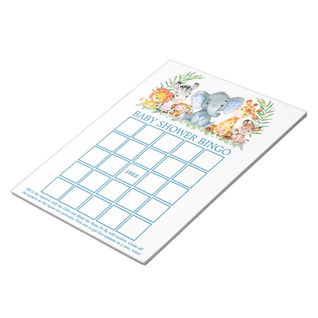 Bloc-note Safari Animaux Baby shower Bingo Bleus Feuilles (Incliné)