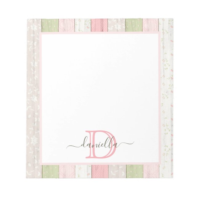 Bloc-note Sage rustique Vert & Rose Floral Bois Personnalisé (Devant)