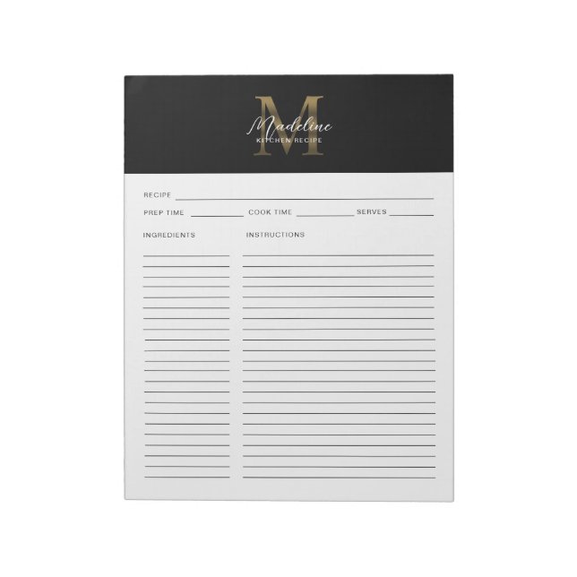 Bloc-note Script minimal Noir Metallic Gold Monogramme Recet (Tourné)
