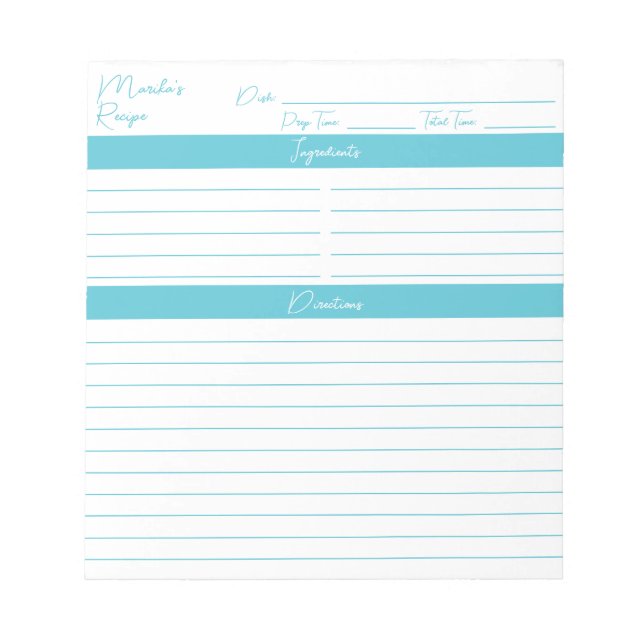 Bloc-note Script minimaliste moderne Recettes bleu océan (Devant)