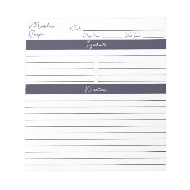 Bloc-note Script moderne Gris ardoise Recettes personnalisée (Devant)