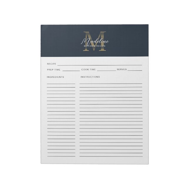 Bloc-note Script Navy Blue Metallic Gold Monogram Recipe (Tourné)