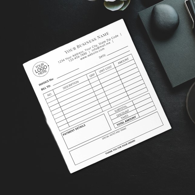 Bloc-note Simple noir et blanc Ajouter votre facture de logo (Simple Black and White Add Your Logo Invoice Notepad)