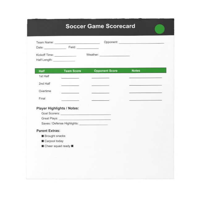 Bloc-note Soccer Jeu Scorecard (Devant)