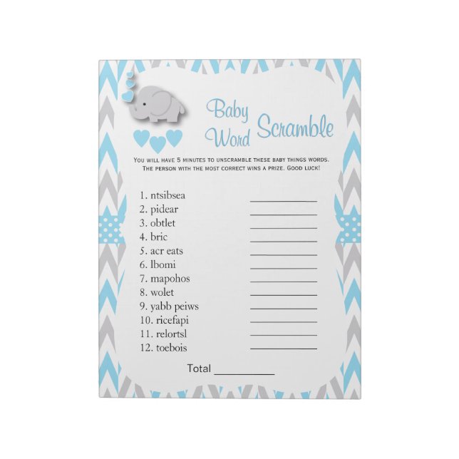 Bloc-note Sweet Blue & Grey Elephant Baby shower Mot Jeu 2 (Tourné)
