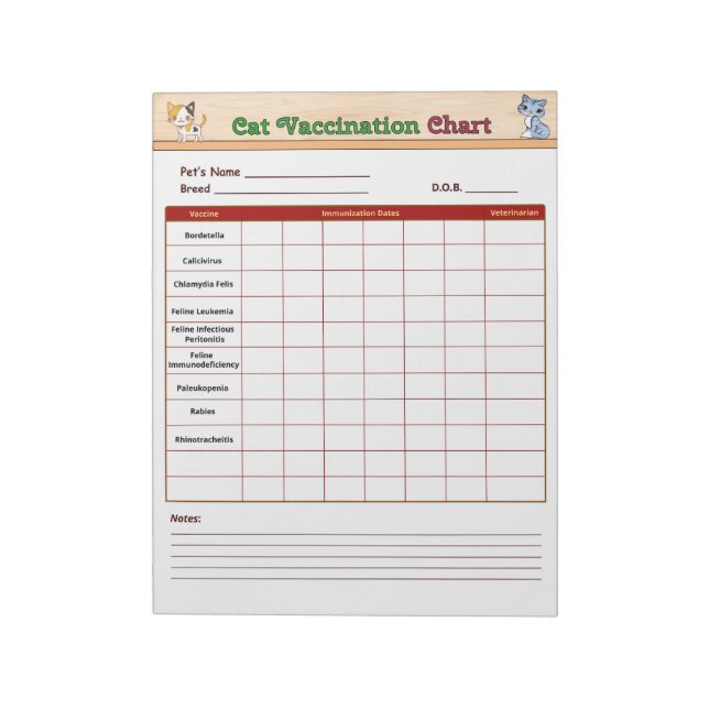 Bloc-note Tableau de vaccination pour chats (Tourné)