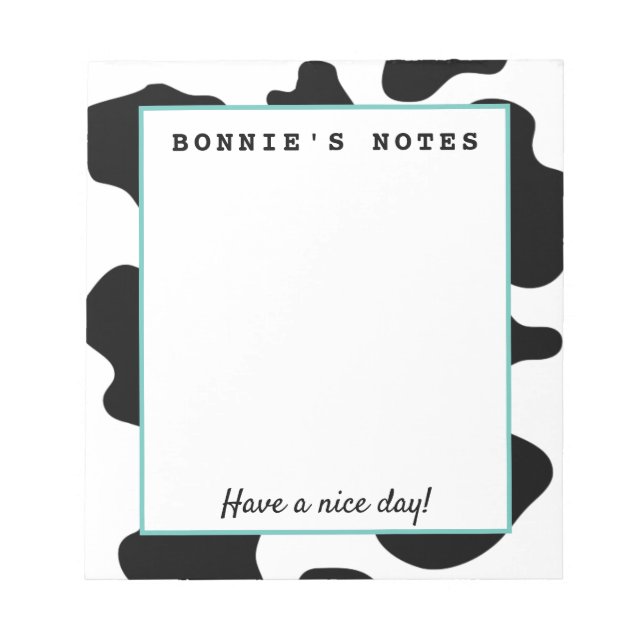 Bloc-note Taches de vache noire et blanche amusantes écritur (Devant)