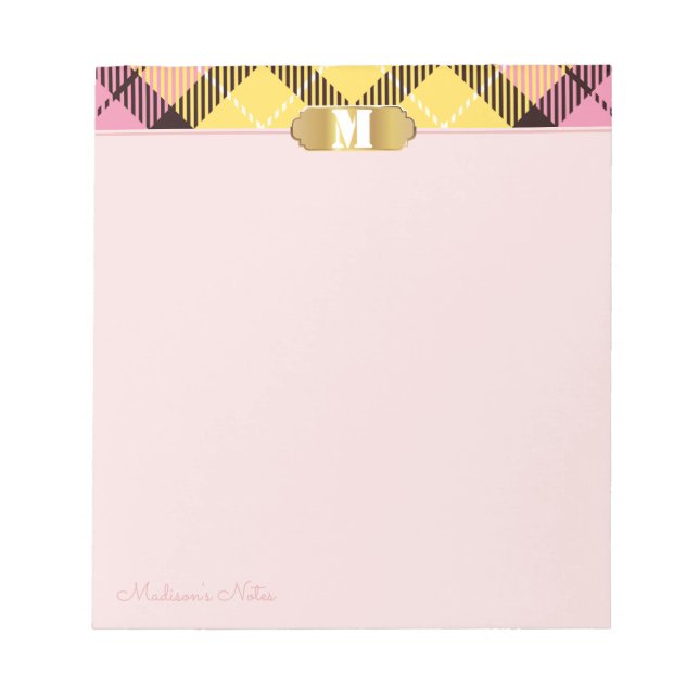 Bloc-note Tartan rose Golden Script Nom Monogram Apricot (Devant)