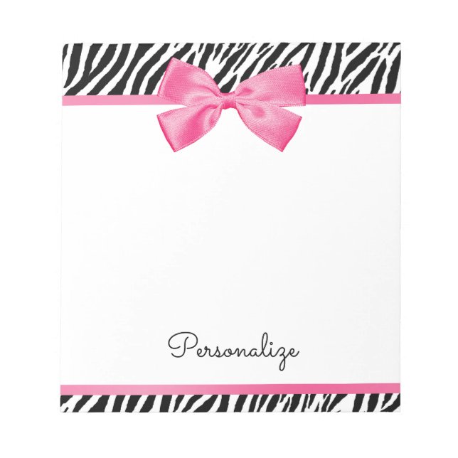 Bloc-note Tendance Zebra Print Chic Hot Rose Bow et nom (Devant)