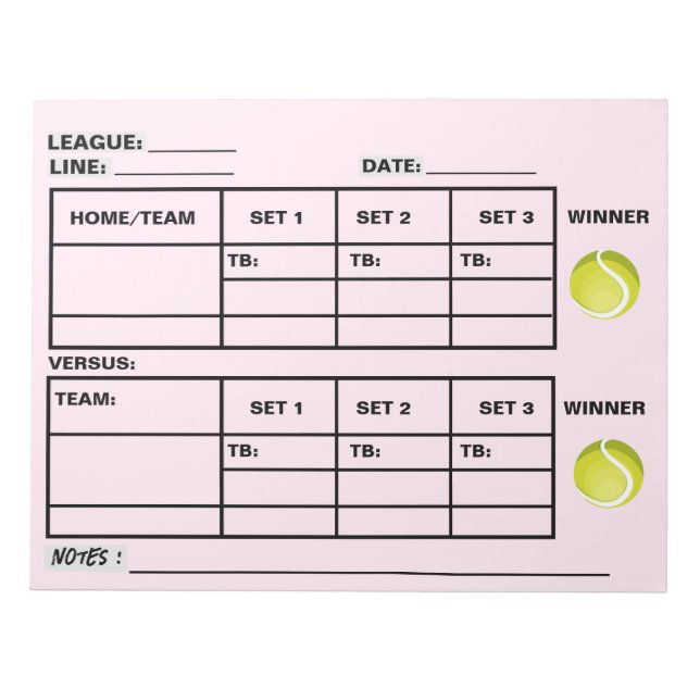 Bloc-note Tennis Score Pad - Tennis Score Sheets Rose (Devant)