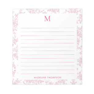 Bloc-note Toile de Jouy Botanique Classique Monogramme Rouge