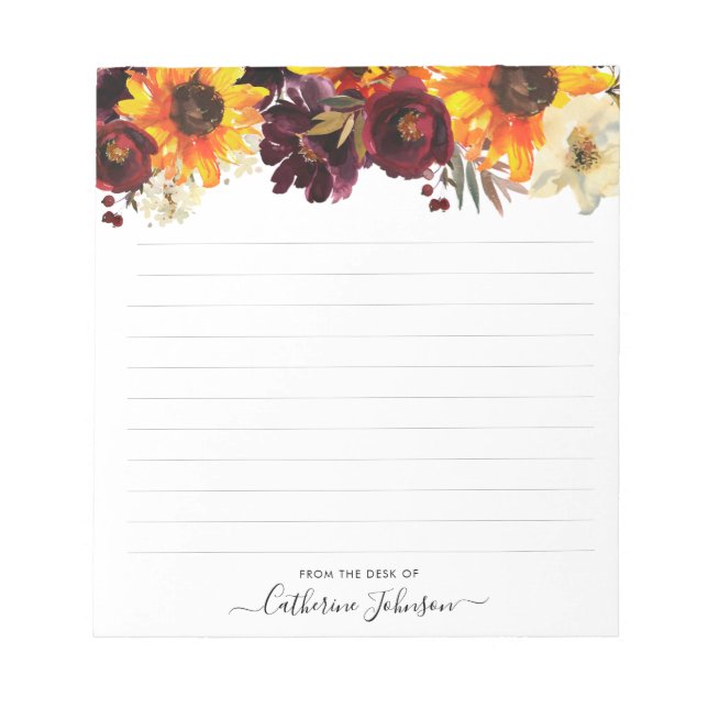 Bloc-note Tournesol moderne Bourgogne Rose Aquarelle Florale (Devant)