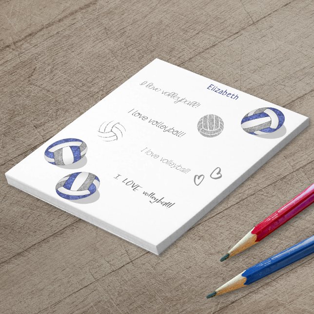 Bloc-note trois couleurs bleu gris de l'équipe volleyballs (Blue & gray girly volleyballs notepad with custom name)